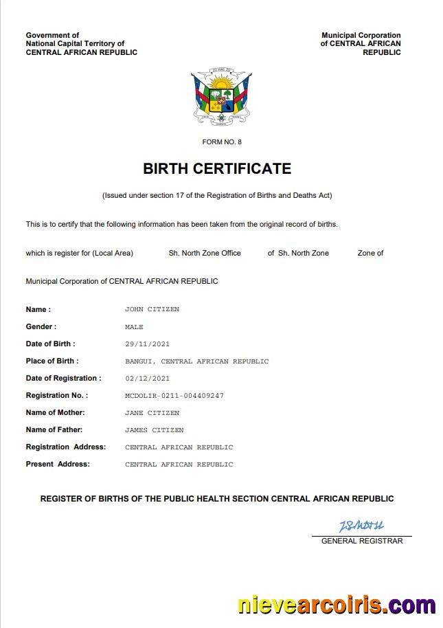 Central African Republic vital record birth certificate